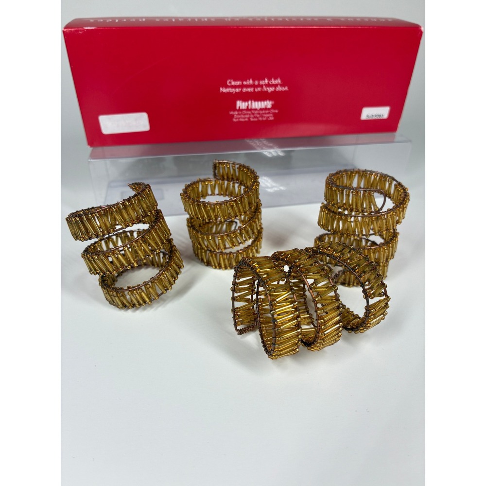 Vintage Pier 1 Imports Gold Beaded Spiral Napkin Rings Set 4 Boho Table Decor